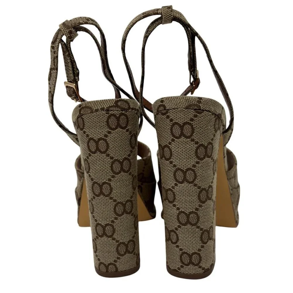LILIANA  / Josy-6 / Beige Monogram / Platform / Heels With Adjustable Ankle